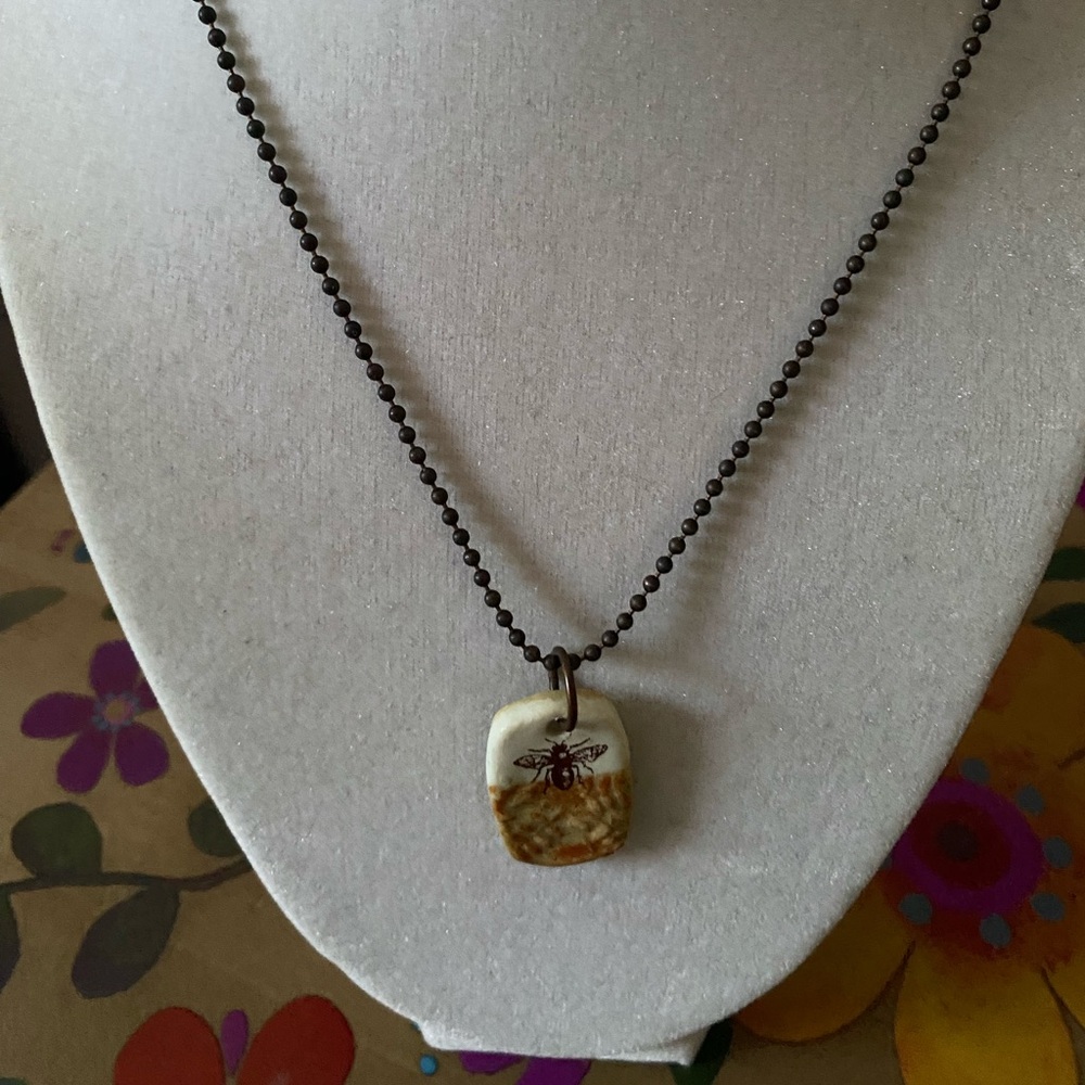 Artisan Handmade & Glazed Porcelain Bee Pendant with Copper Ball Chain